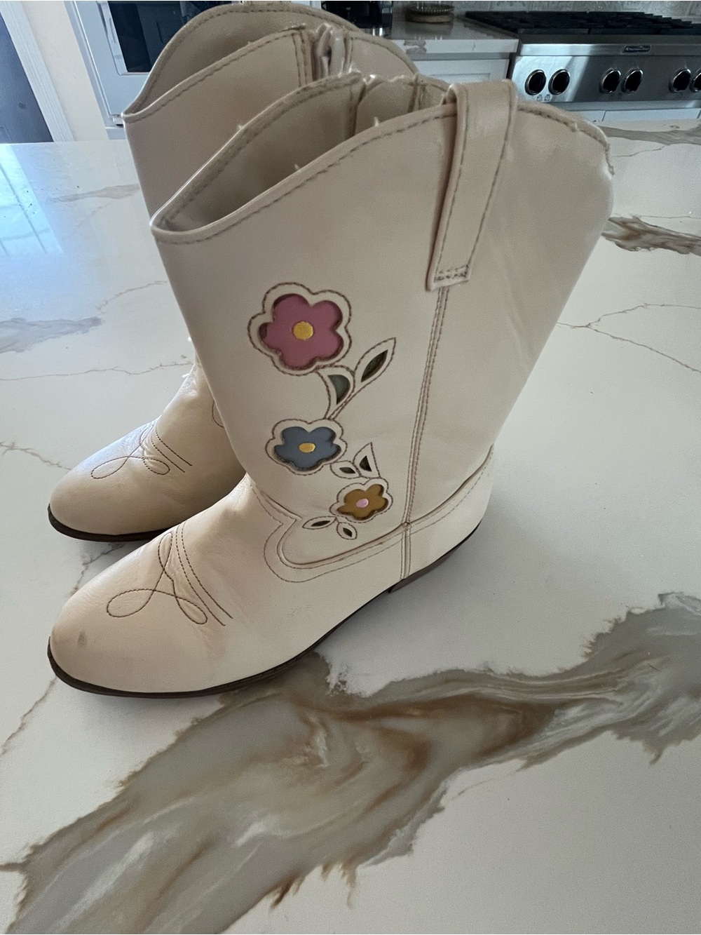 Gymboree Cream Kids Western Boots with Pink, Blue & Yellow Flower Appliqués